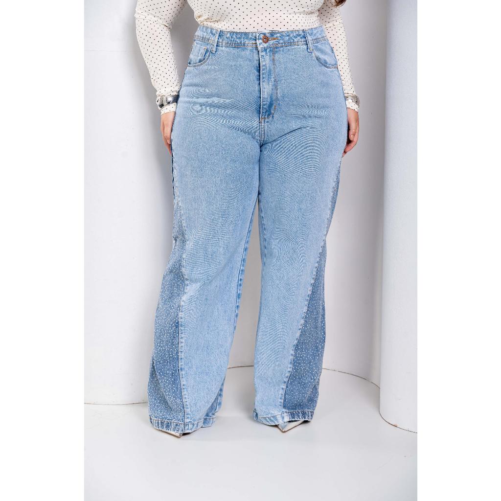 Calça Jeans Feminino Plus Size Sem Lycra Bicolor Cintura Alta Detalhe Wid Leg Bicolor Revesst Jeans em Oferta na Shopee