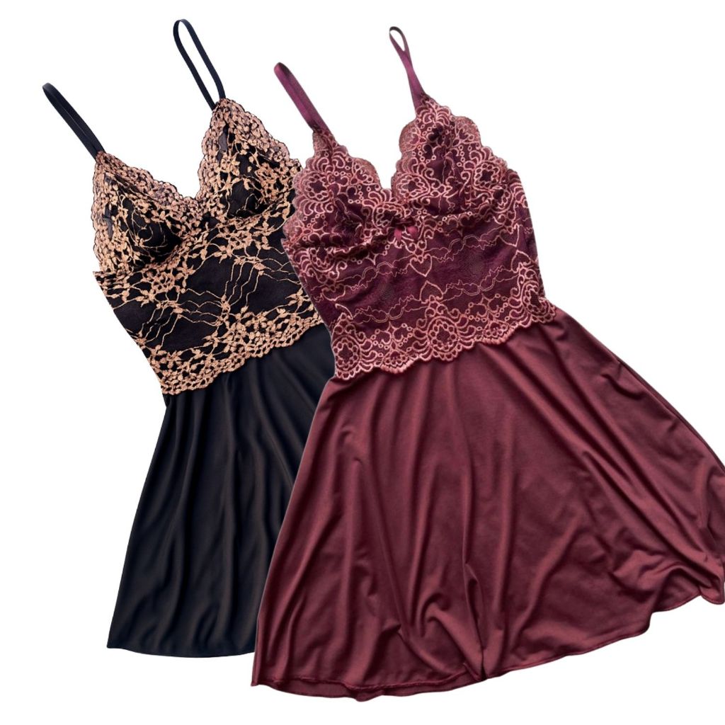 Mit Lingerie Kit 2 Vestido Camisola Sensual De Renda Sem Bojo Com Microfibra e Regulagem em Oferta na Shopee