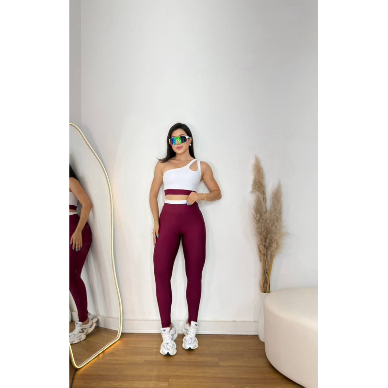 Conjunto Bicolor Feminino Fitness – Top Assimétrico + Legging Vinho – Alta Compressão para Academia