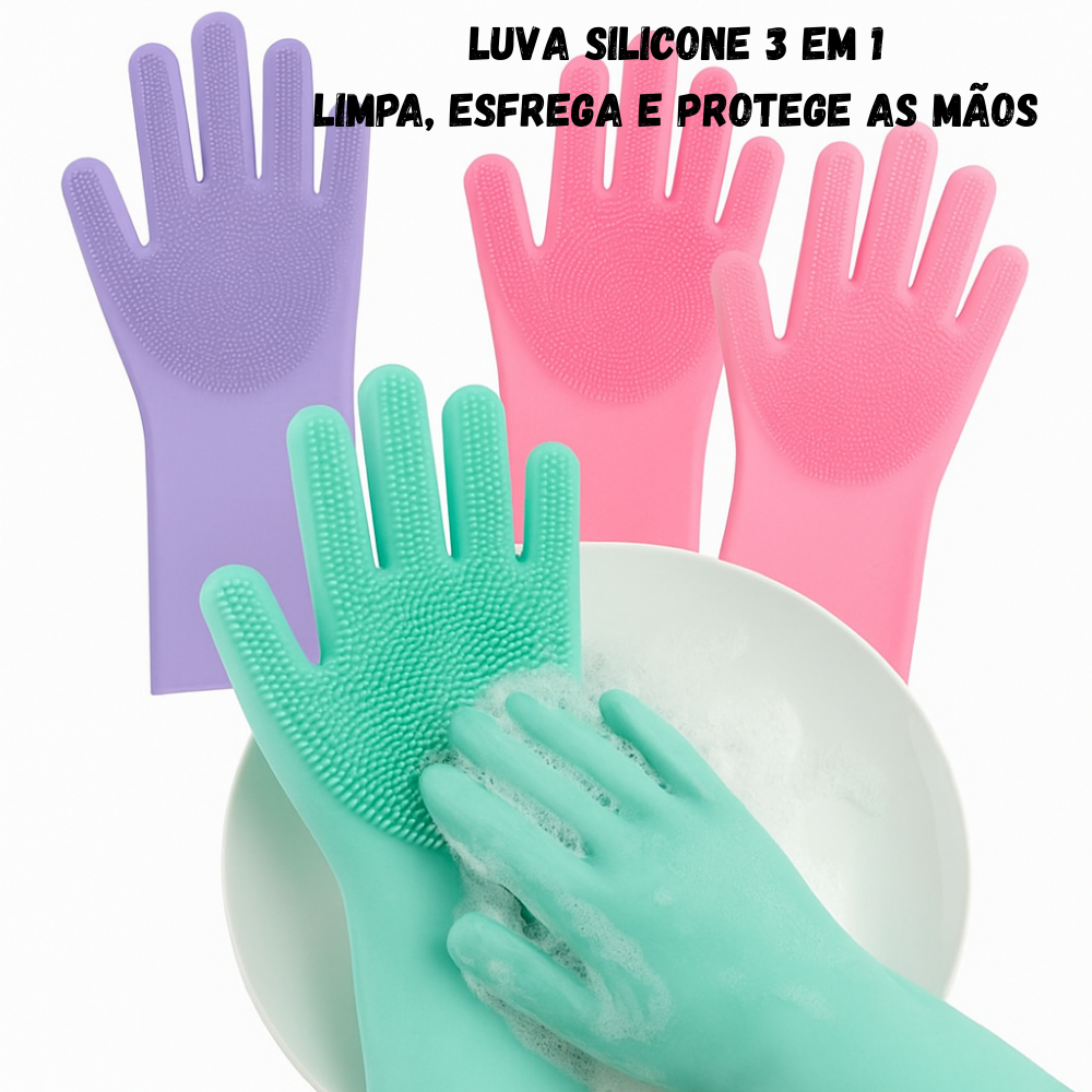 Par de Luvas Silicone Lava Louça Banheiro Pet Limpeza Luva Multiuso Esfrega Protege Mágica Faxina