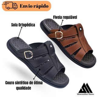 Sandália Masculina Ortopédica AntiStress Couro Sintético Conforto Máximo Anatômica Antiderrapante