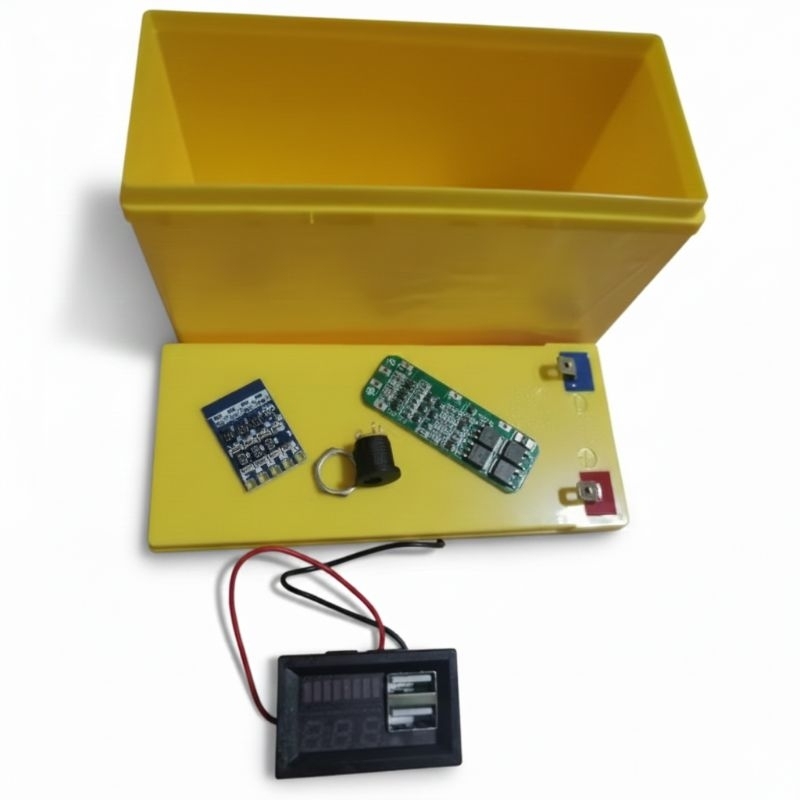 Voltímetro USB duplo+ Kit BMS 20A + placa balanceada + Plug P4 Fêmea + Caixa para montagem de pac