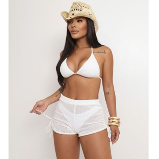Saída de Praia Curta Short em Tricot Crochê com Cós Alto e Amarração Lateral Ajustável em Oferta na Shopee