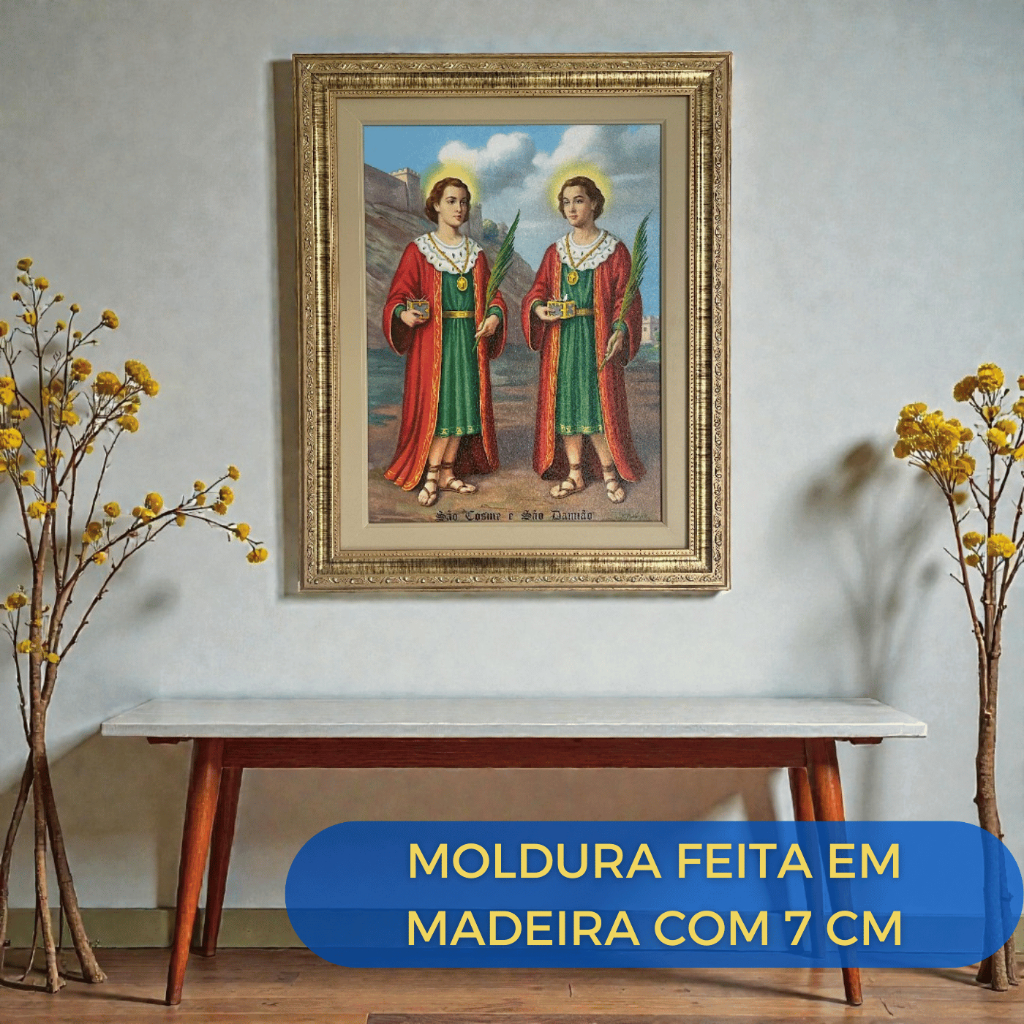 Quadro Decorativo São Cosme e Damião Resinado 40x50 Moldura Dourada com Paspatur