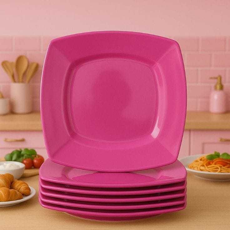 Prato Raso Refeição Quadrado ROSA PINK; Kit 5,10,15,20 ou 30 Pratos(Plástico). Almoço/Jantar/Festa.