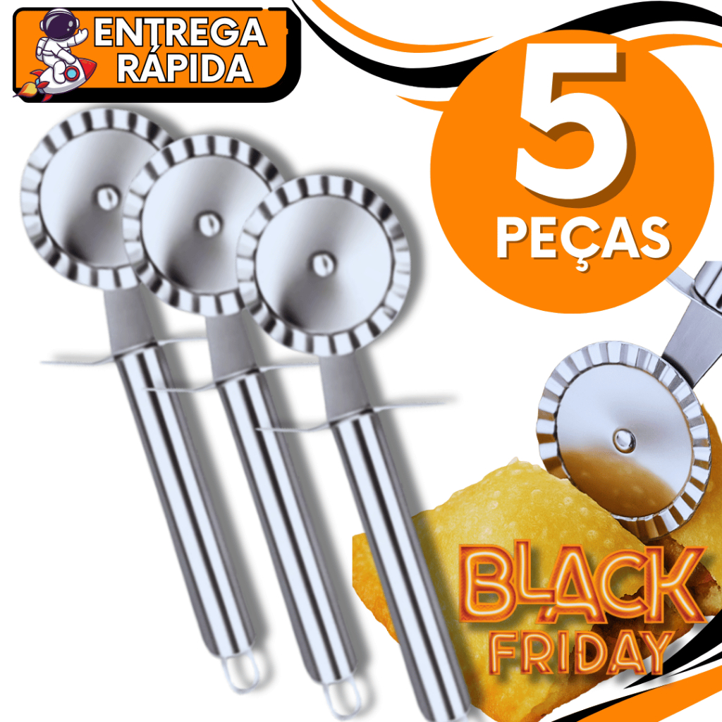 Conjunto Kit 5 Unidades -  Carretilha Cortador Para Fechar e Cortar Massas Pastel Pizzas Em Aço Inox Premium Utilidades