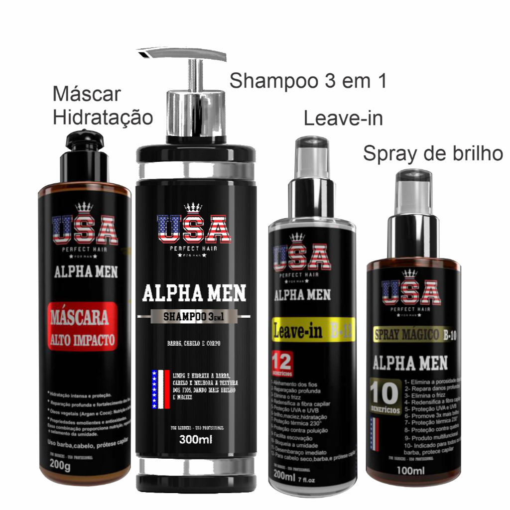 Kit Protese Capilar Shampoo 3 em 1  Máscara Alto Impacto  Leave-in 12 Benefícios +Spray Mágico 10 Benefícios