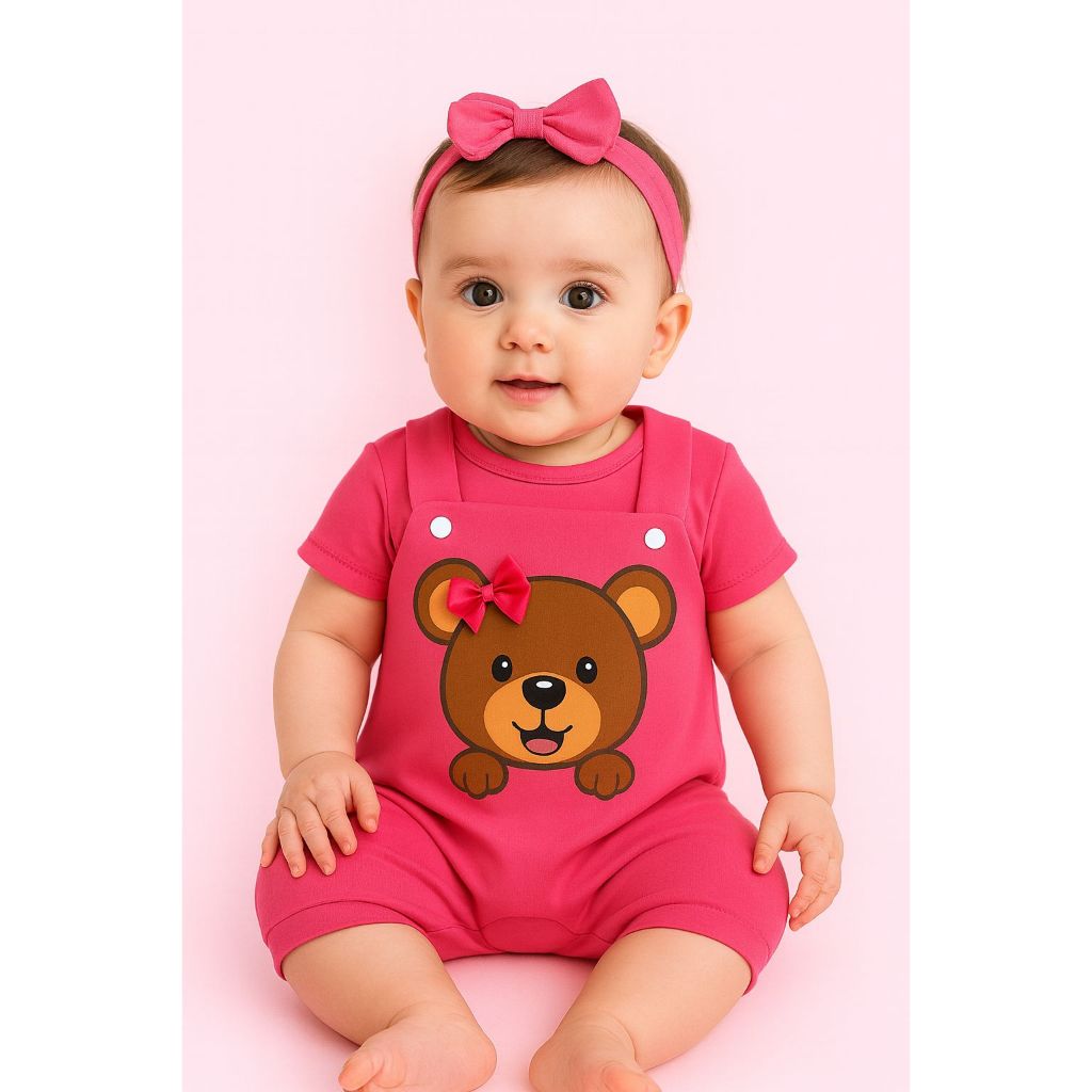 Conjunto Bebê Menina 0-3 meses | Jardineira Ursinha + camiseta | Look passeios e fotos