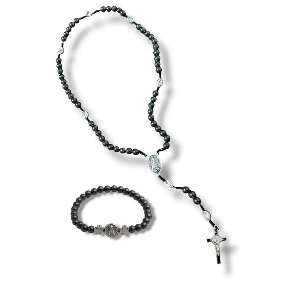 Kit Nossa Senhora Aparecida Terço Hematita De Pescoço + Pulseira Hematita NS Aparecida