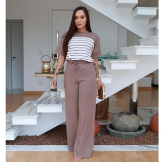Conjunto Feminino Calça Pantalona + Blusa Listrado Tecido Anaruga premium Em Tamanhos M G em Oferta na Shopee