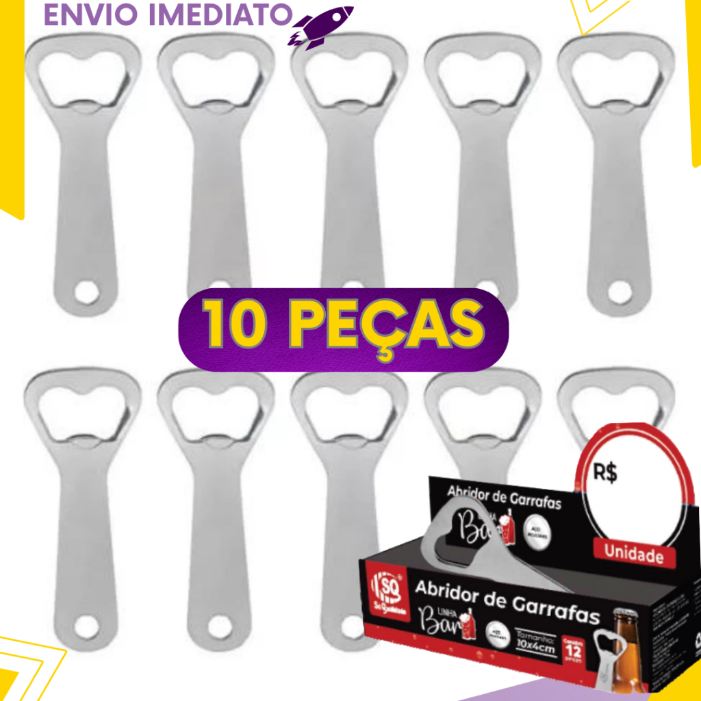 Kit 10 Abridores de Garrafa em Aço Inox Resistente - Modelo Boteco 10cm em Oferta na Shopee