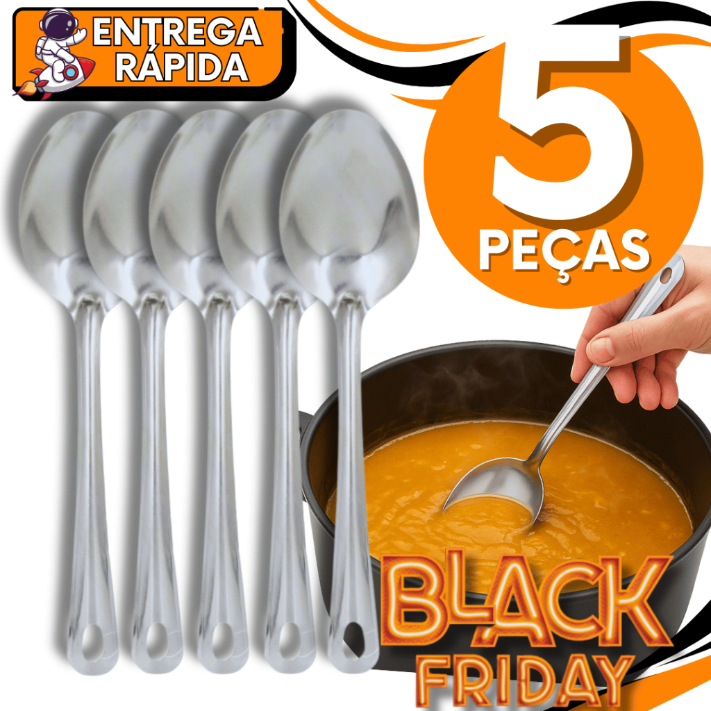 Conjunto KIT 5 Colher De Arroz GRANDE Cabo Longo 100 % Aço Inox Casa Restaurante Buffet Festa Natal Premium Utilidades