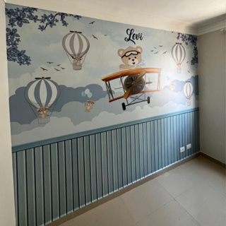 Papel de Parede Adesivo Urso Aviador com Ripado Painel - Decoração Quarto Menino em Oferta na Shopee