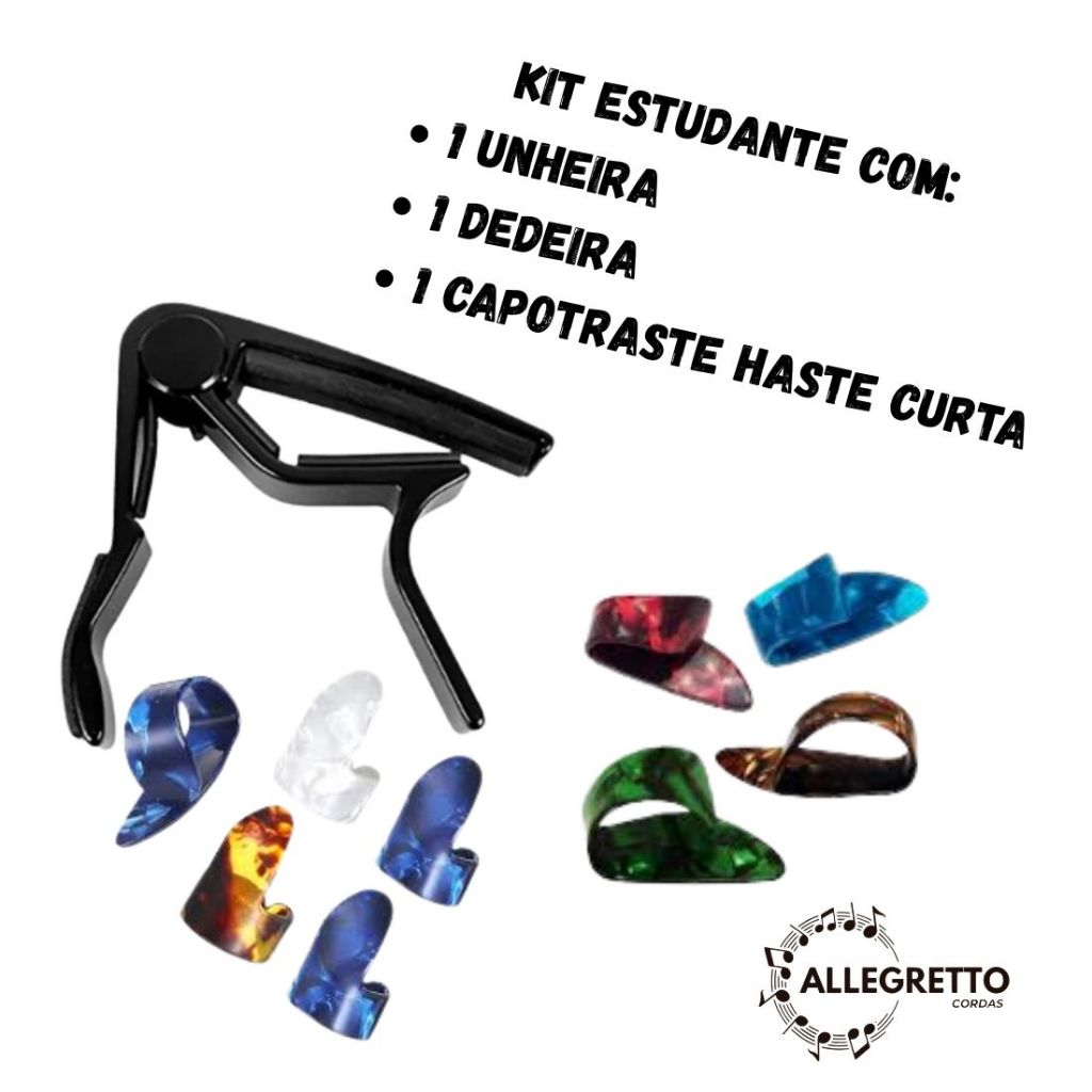 Kit Unheira + Dedeira + Capotraste Haste Curta para violão viola ukulele guitarra