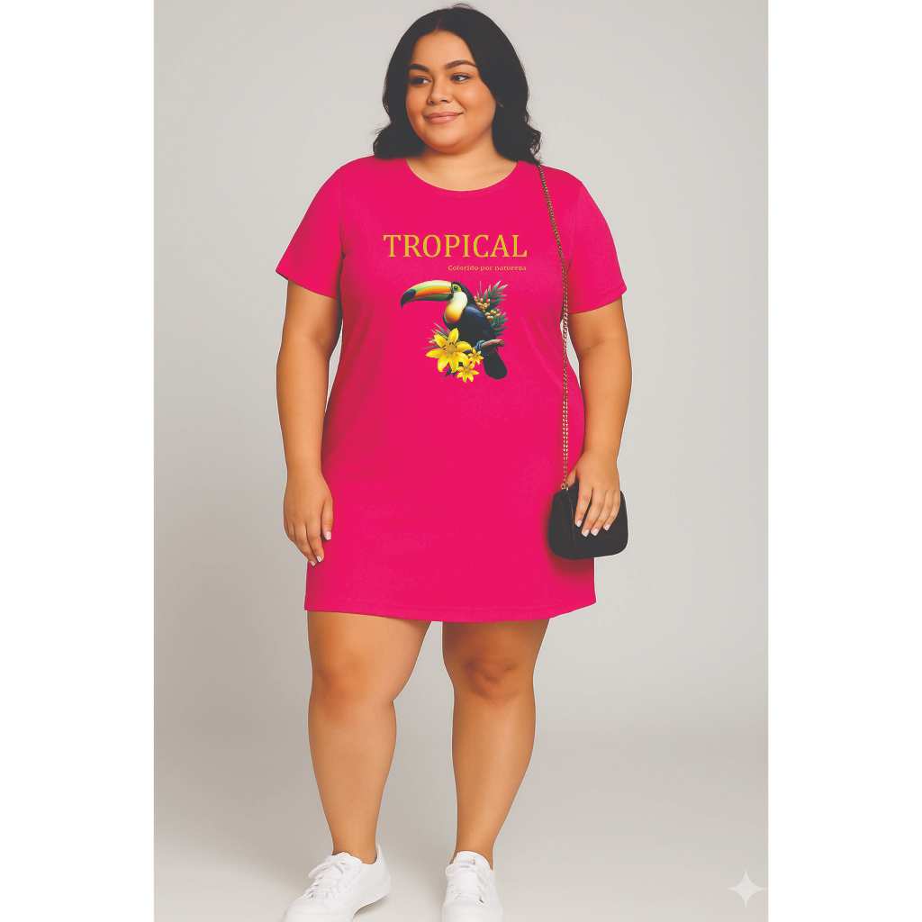 Camisetão ou vestido Tropical tucano plus size feminino até o 64