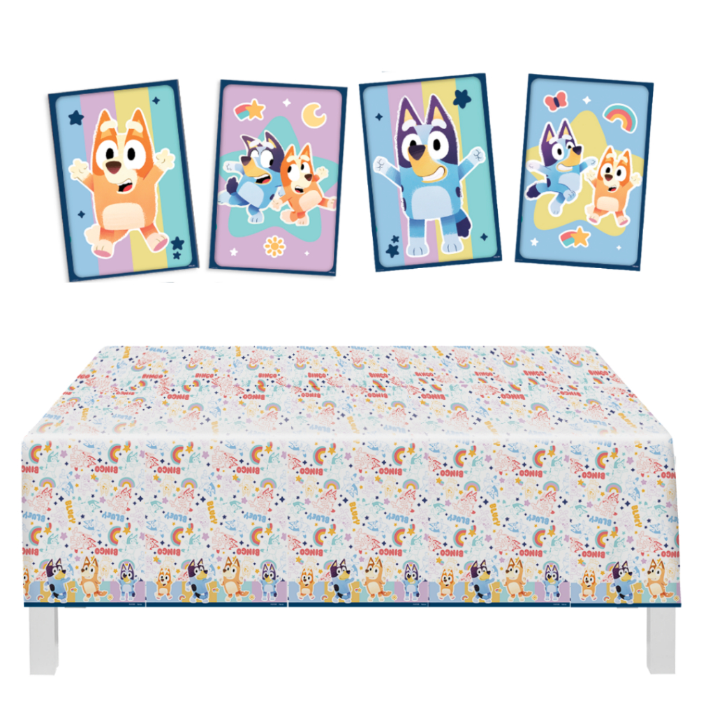 Kit Decoração Bluey: Toalha Plástica 1,20 x 1,80 m + 4 Quadros 21x31 cm | Festcolor – Inspire Sua Festa Loja