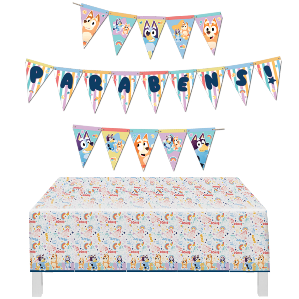 Kit Festa Bluey: Faixa Parabéns + Toalha de Mesa Plástica| Festcolor – Inspire Sua Festa Loja