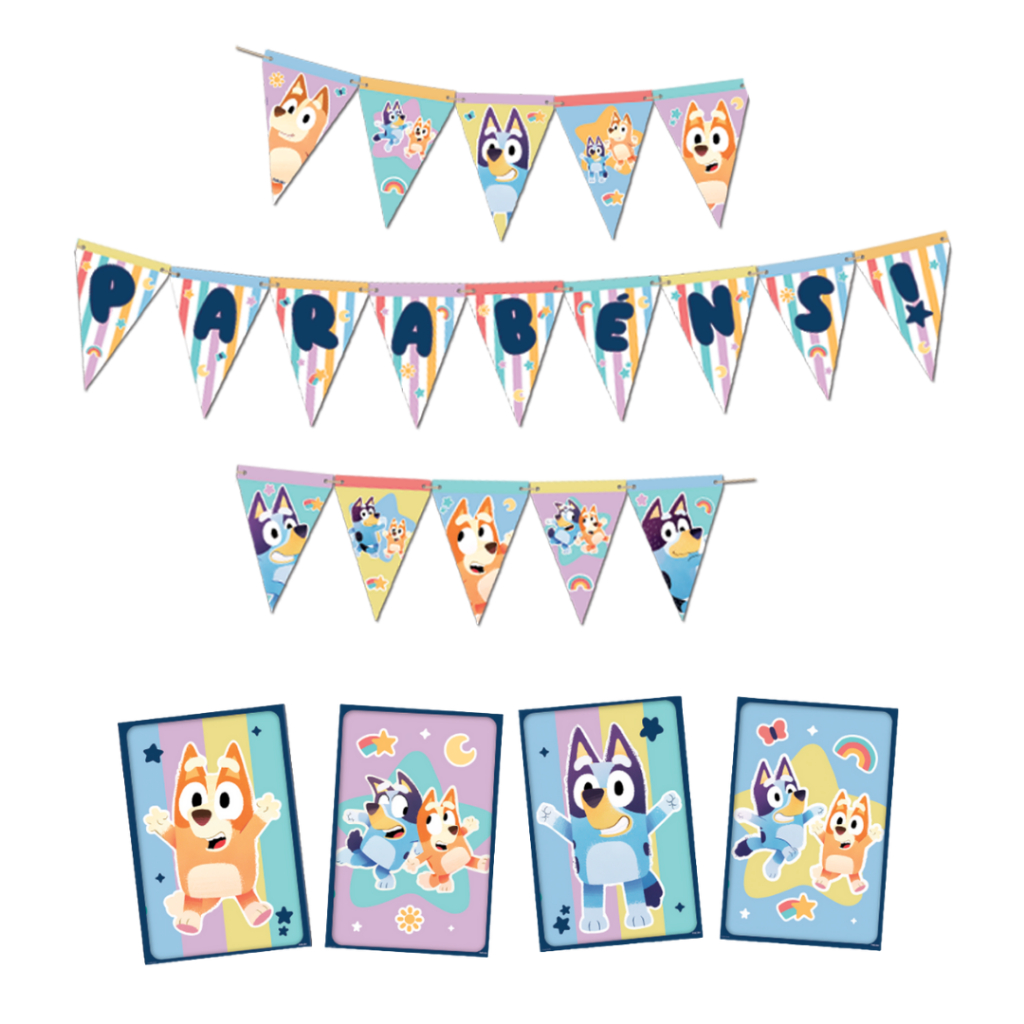 Kit Decoração Bluey: Faixa Parabéns + 4 Quadros Decorativos | Festcolor – Inspire Sua Festa Loja