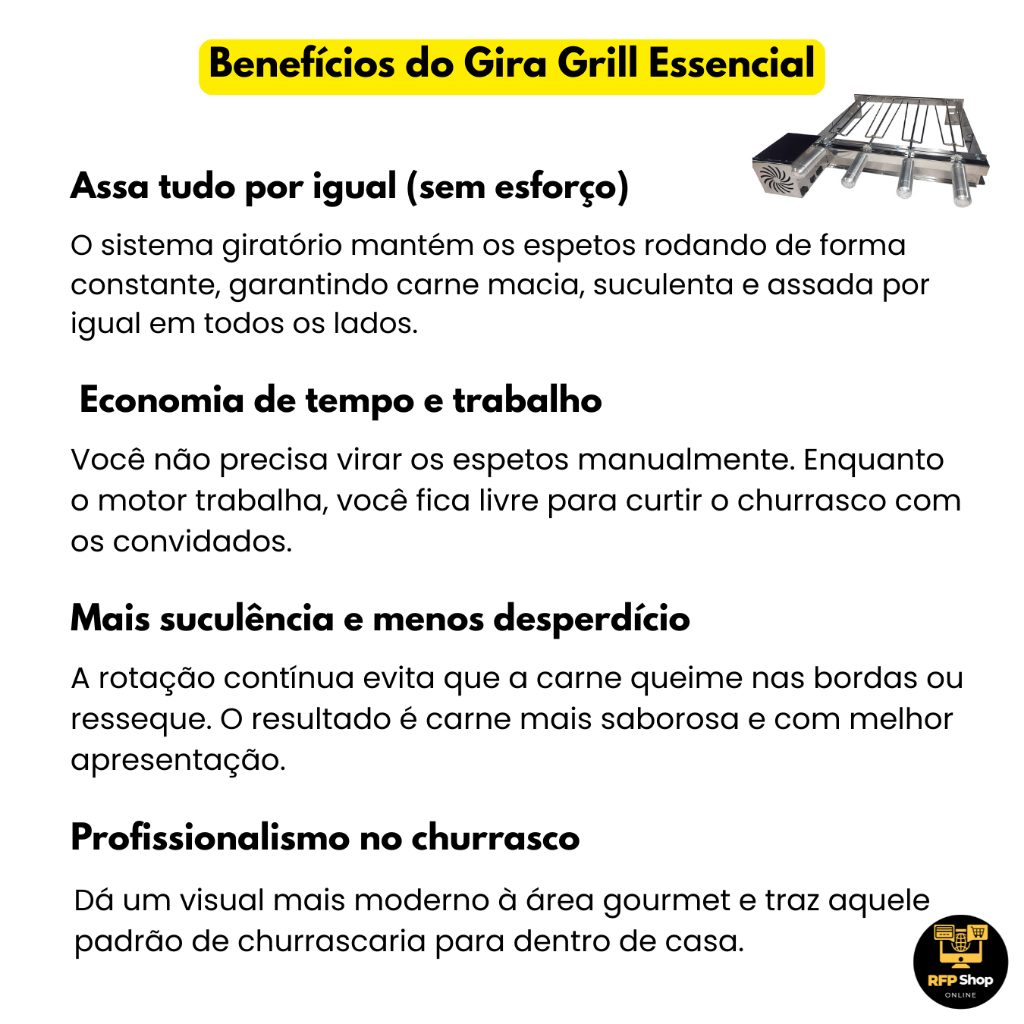 Kit Completo Gira Grill 4 Espetos Giratórios Churrasqueira Bivolt Essencial Inox Churrasco — imagem 2 de 2