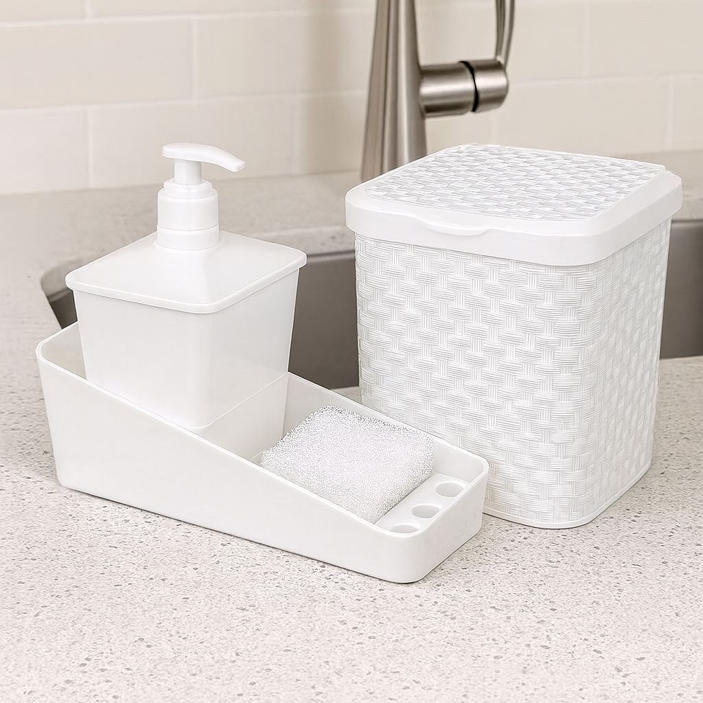 Kit lixeira 4L para pia com porta detergente bucha para cozinha area de lazer lixo cor Branco em Oferta na Shopee