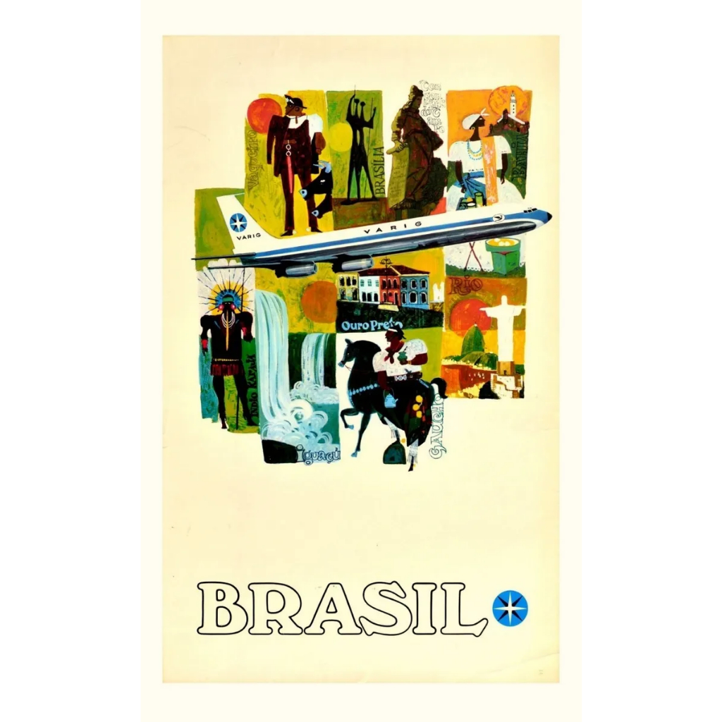 Pôster Retrô 30x50cm Brasil Varig Travel