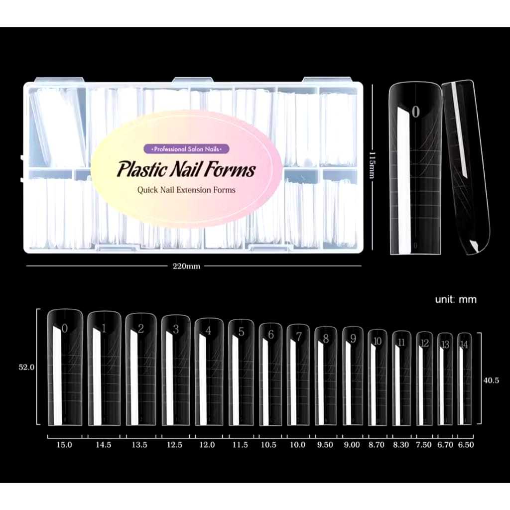 Molde F1 Plastic Nail Forms Quadrado - Molde das Gringas 0mm 15 Tamanhos - 150 Peças