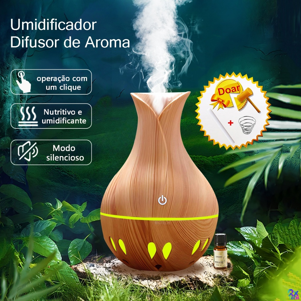 Umidificador De Ar E Difusor Aromatizador De Ambiente 7 Cores De Luz 6H 200ML Padrão De Madeira