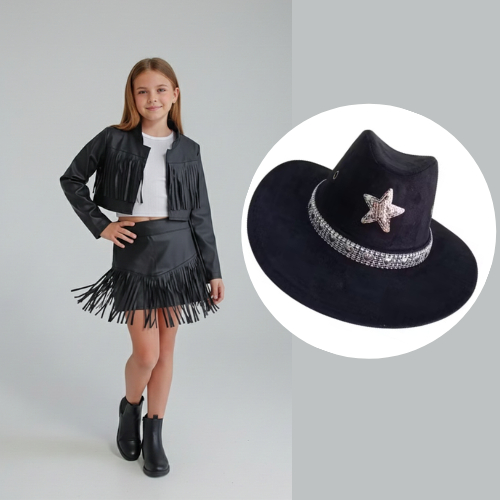 Conjunto Jaqueta e Short Saia Couro Ecológico e Croped Infantil Menina Ana Castela