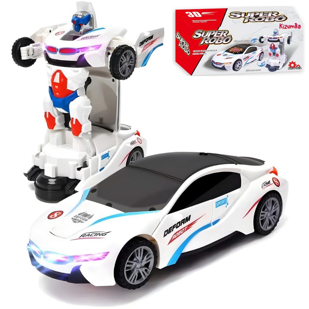 Carrinho Vira Robô Transformers Bate e Volta com Luz Som Infantil Interativo Branco Carrinho Kizumba