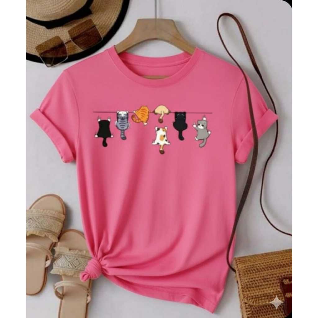 Blusinha Camisa Baby look 100% Algodão Estampa Varal de Gatinhos Casual Delicado em Oferta na Shopee