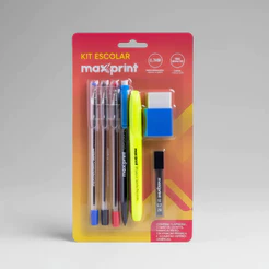 Maxprint Kit Escolar Completo 7 Pecas Lapiseira Caneta Marca Texto Grafite Borracha Volta as Aulas