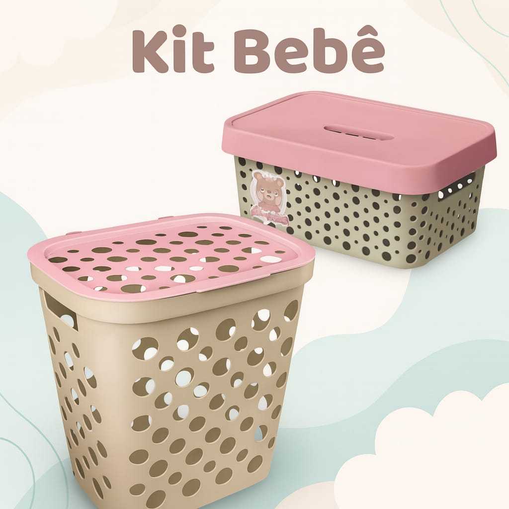 Kit 2 Peças Caixa Organizadora Infantil Multiuso + Cesto De Roupa Com Tampa E Alça Telado Bebê