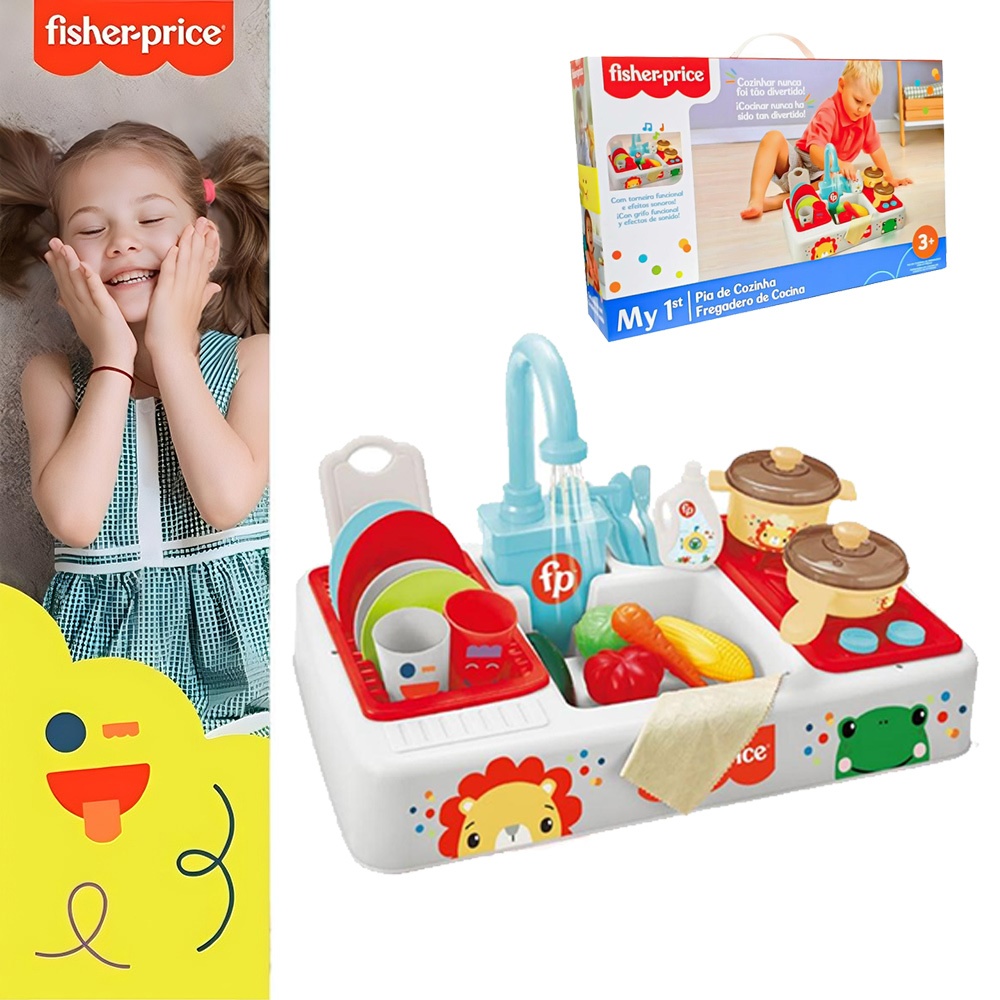 Fisher Minha Primeira Pia de Cozinha, Sistema de ciclo de água corrente, brinquedo de faz de conta com 27 peças em Oferta na Shopee