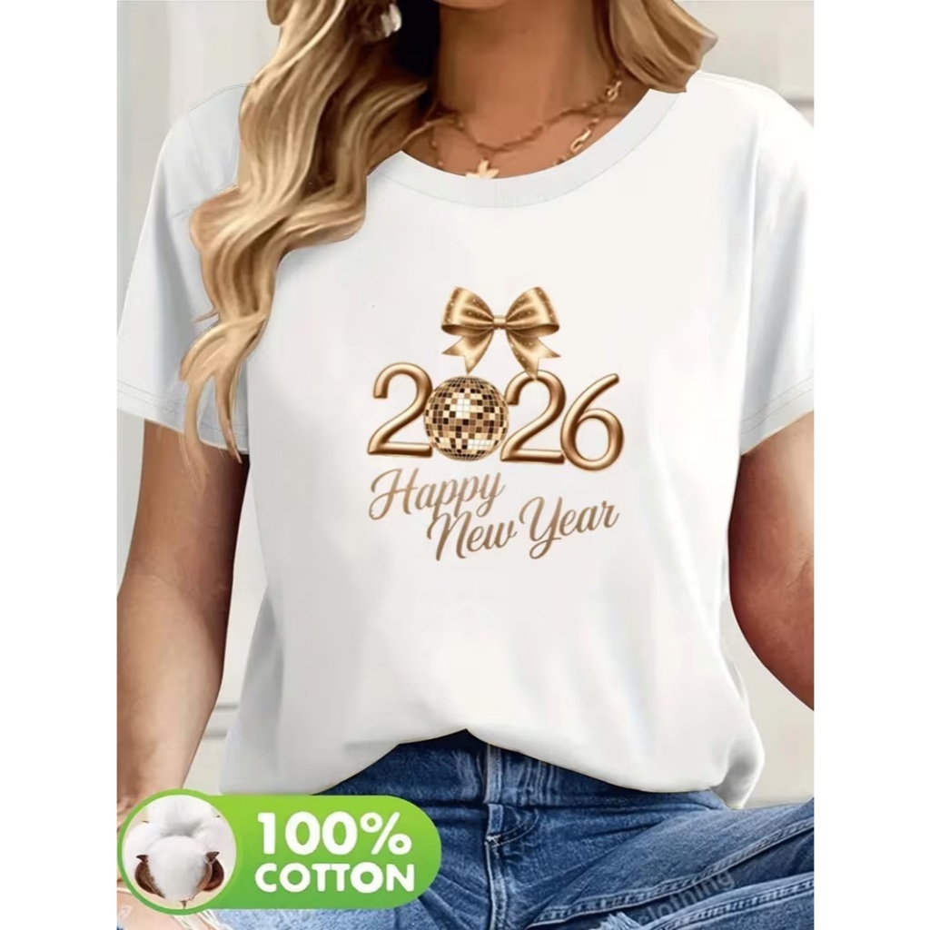Camiseta 2026 Happy New Year Feminina Algodão Premium T-shirt Estampa Dourada Festas Réveillon Look Ano Novo Confortável