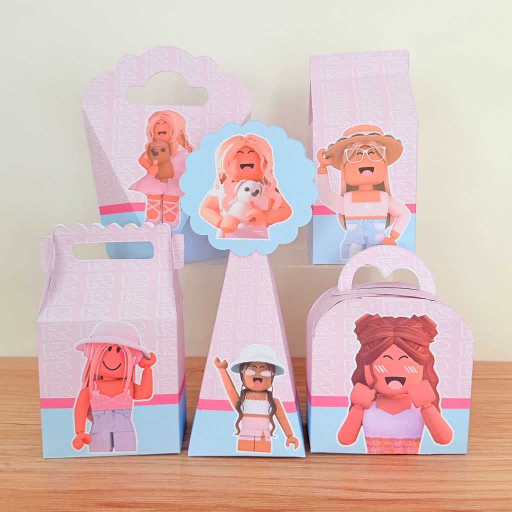 KIT FESTA PRONTA ENTREGA ROBLOX MENINA -Caixinhas para Decoração e Lembrancinhas de Aniversário Infantil - Pegue e Monte