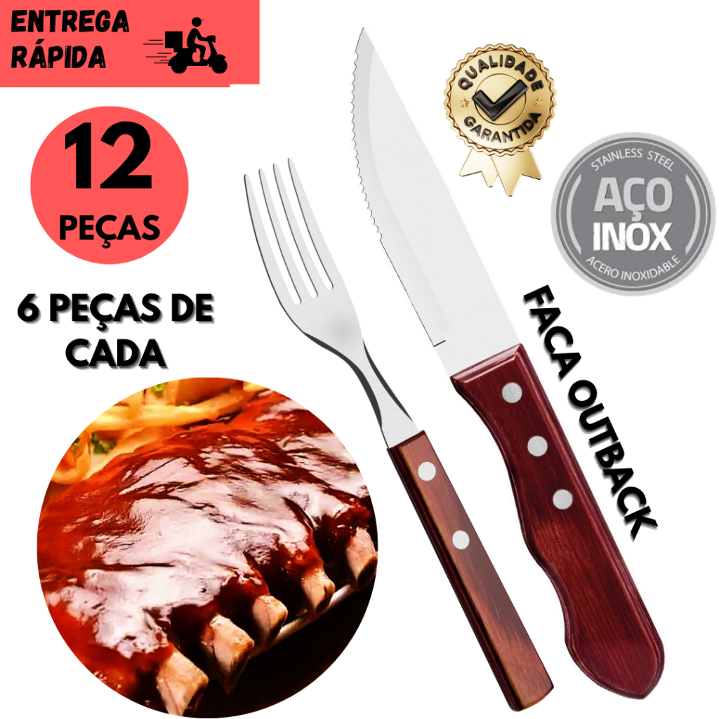 Kits 4/8 ou 12 Facas Wooden Classic p/ Churrasco + Garfo com Cabo de Madeira Tradicional em Oferta na Shopee
