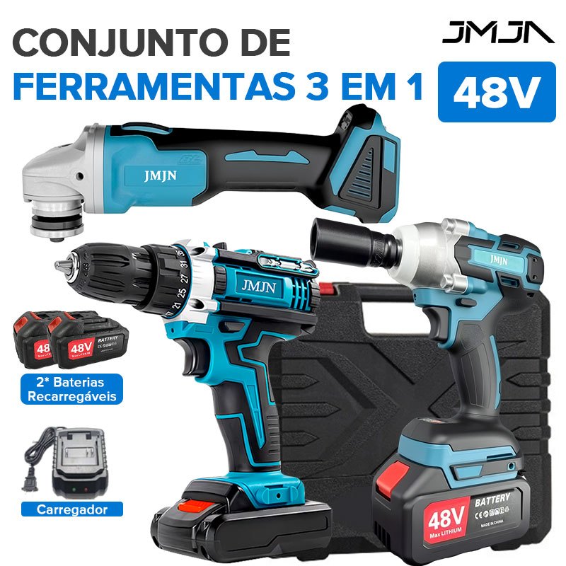 JMJN Kit 3 em 1 Ferramentas 48V com 2 Baterias – Furadeira Parafusadeira Chave de Impacto e Esmerilhadeira Sem Fio em Oferta na Shopee