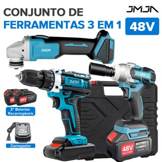 JMJN Kit 3 em 1 Ferramentas 48V com 2 Baterias – Furadeira Parafusadeira Chave de Impacto e Esmerilhadeira Sem Fio em Oferta na Shopee
