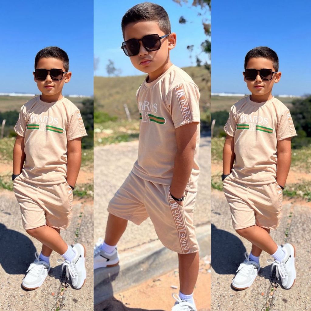 roupa infantil menino conjunto kit com 2 peças lançamento Camisa + Bermuda Verão Meninos Tecido Dry - Fit Premium
