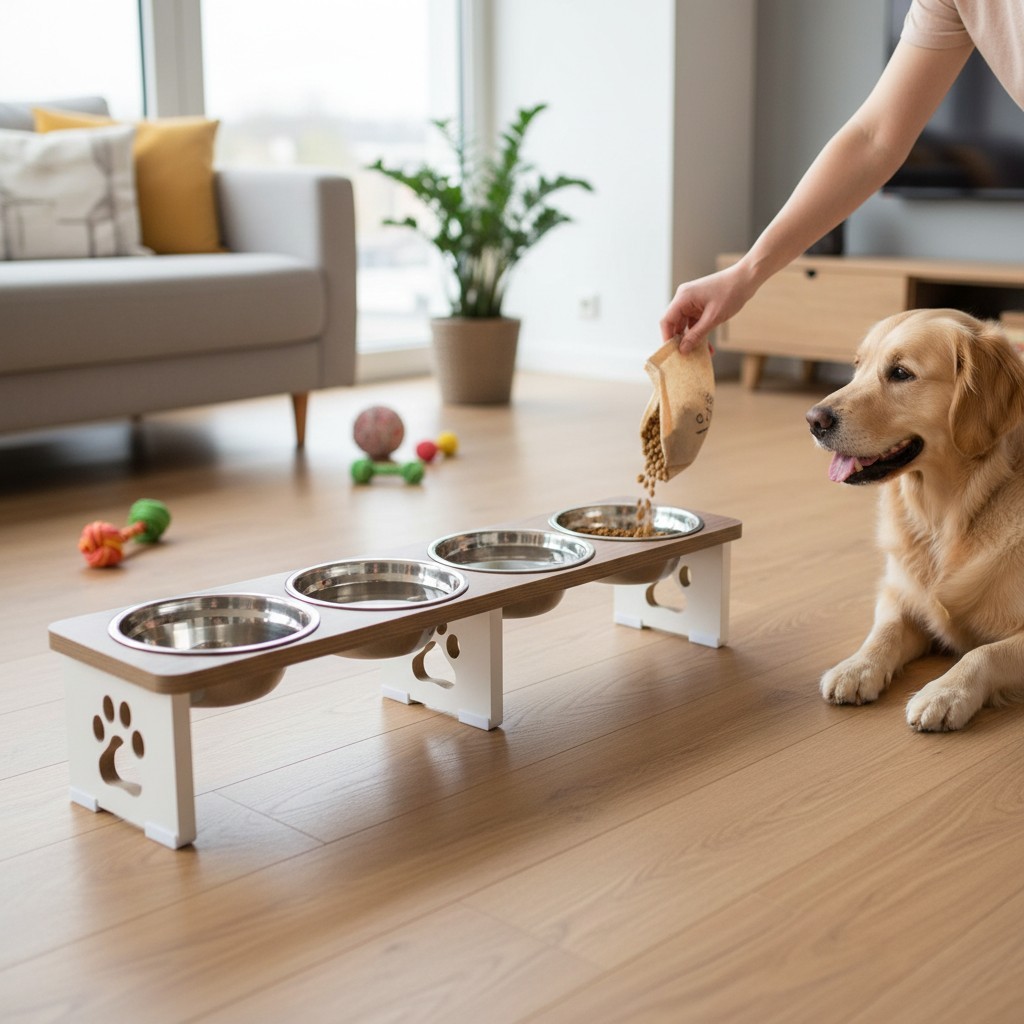 Comedouro Cachorro 4 Tigelas Linear Premium - Sistema Completo MDF