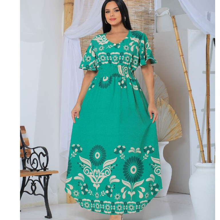 VESTIDO FEMENINO GOLA V LONGO ESTAMPADO BARRADO TECIDO DUNA em Oferta na Shopee