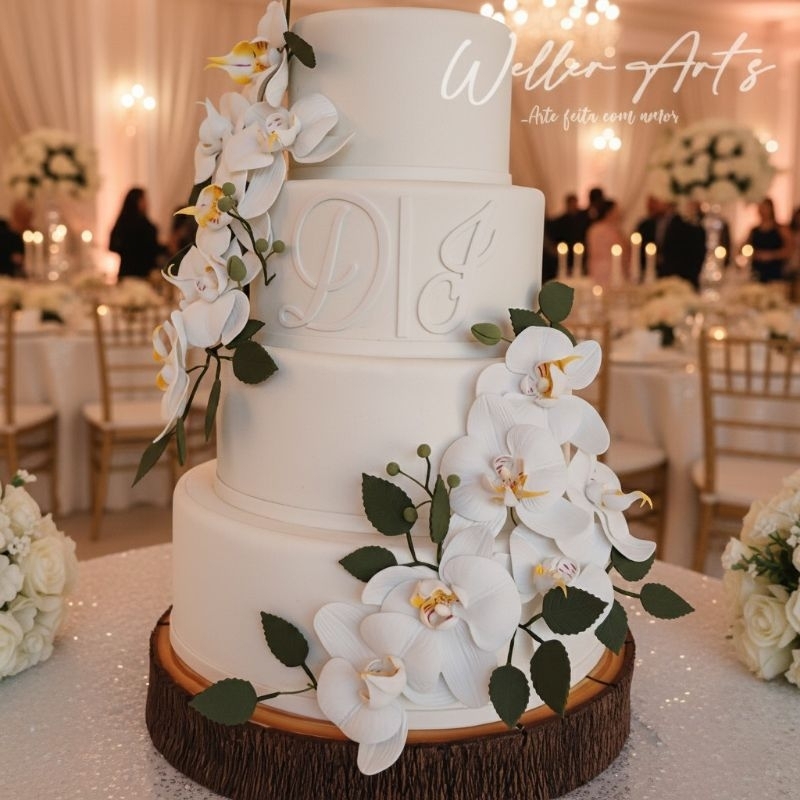 Bolo cenográfico casamento orquídeas | flores artesanais + monograma personalizável | bases em EVA