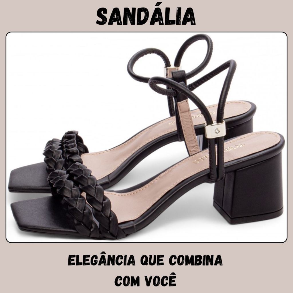 Sandália Feminina Salto Bloco Preta Trançada  Confortável  Elegante e Anatômica