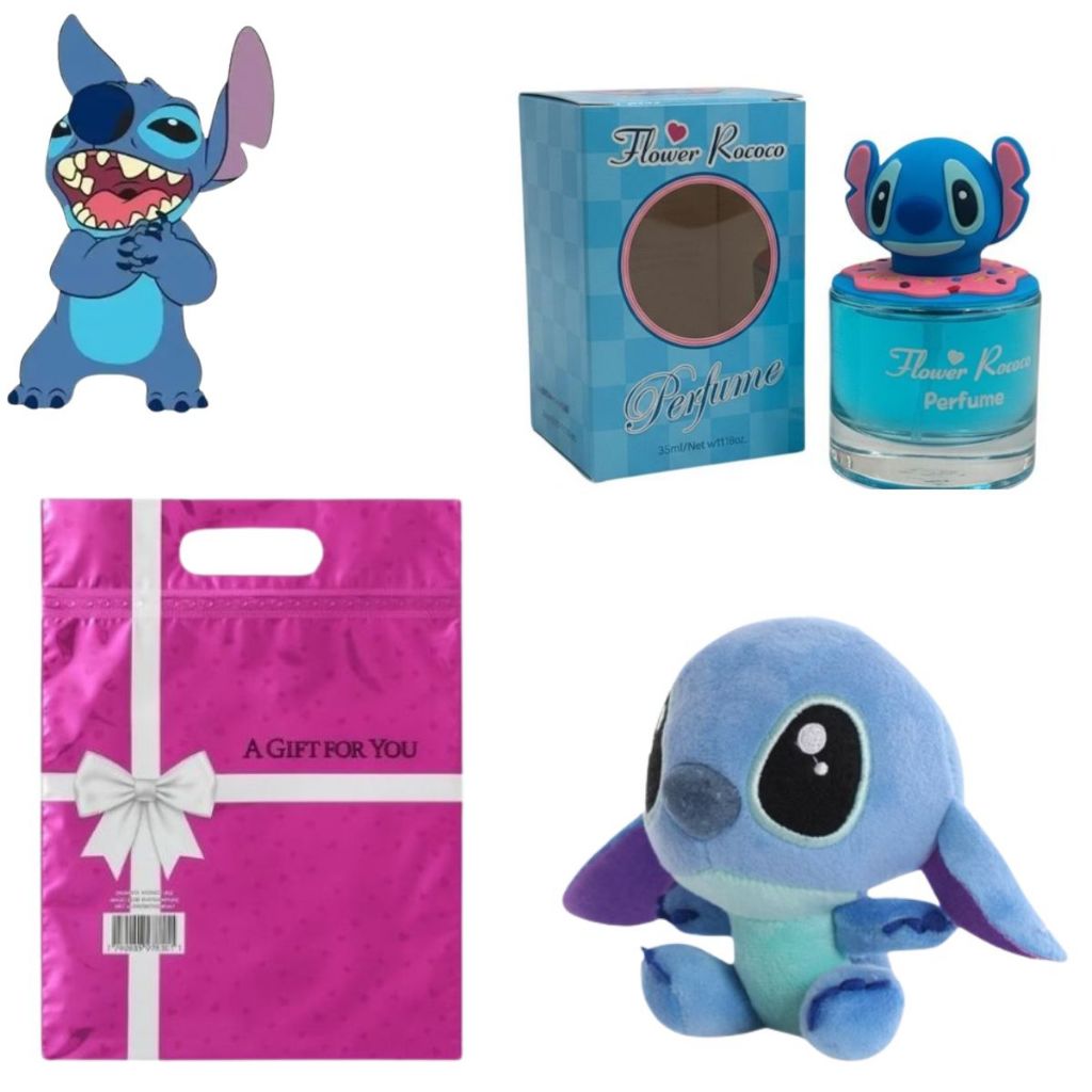 kit Perfume Stitch 35ML Fragrância Suave e Divertida +Chaveiro Fofo de Pelúcia Stitch & Angel 10cm - Pingente Para Bolsa