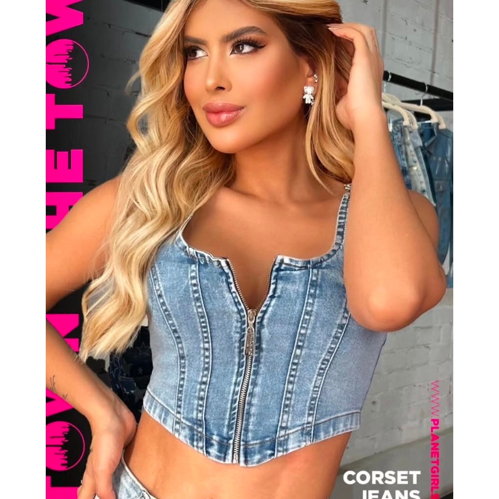 Cropped Corselet Jeans com ziper Planet Girls original