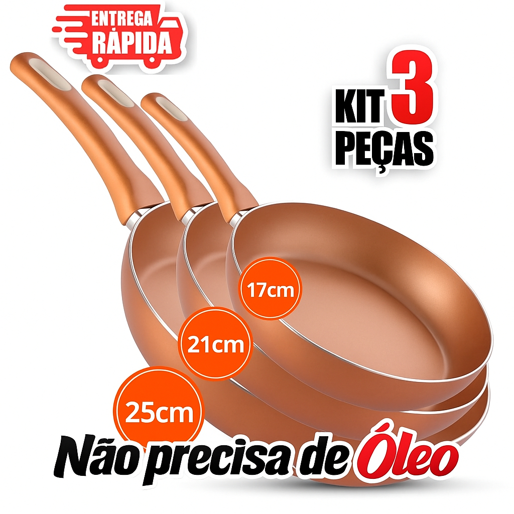 Imagem Jogo 3 Frigideira 17cm, 21cm, 25cm Antiaderente Estilo Cobre Premium Revestimento Cerâmico