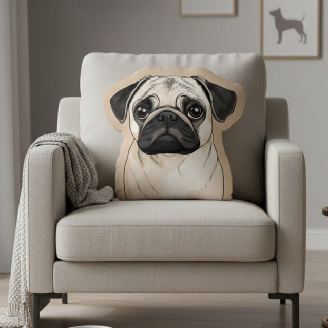Almofada 3D Pug realista beige e marrom REALISTA