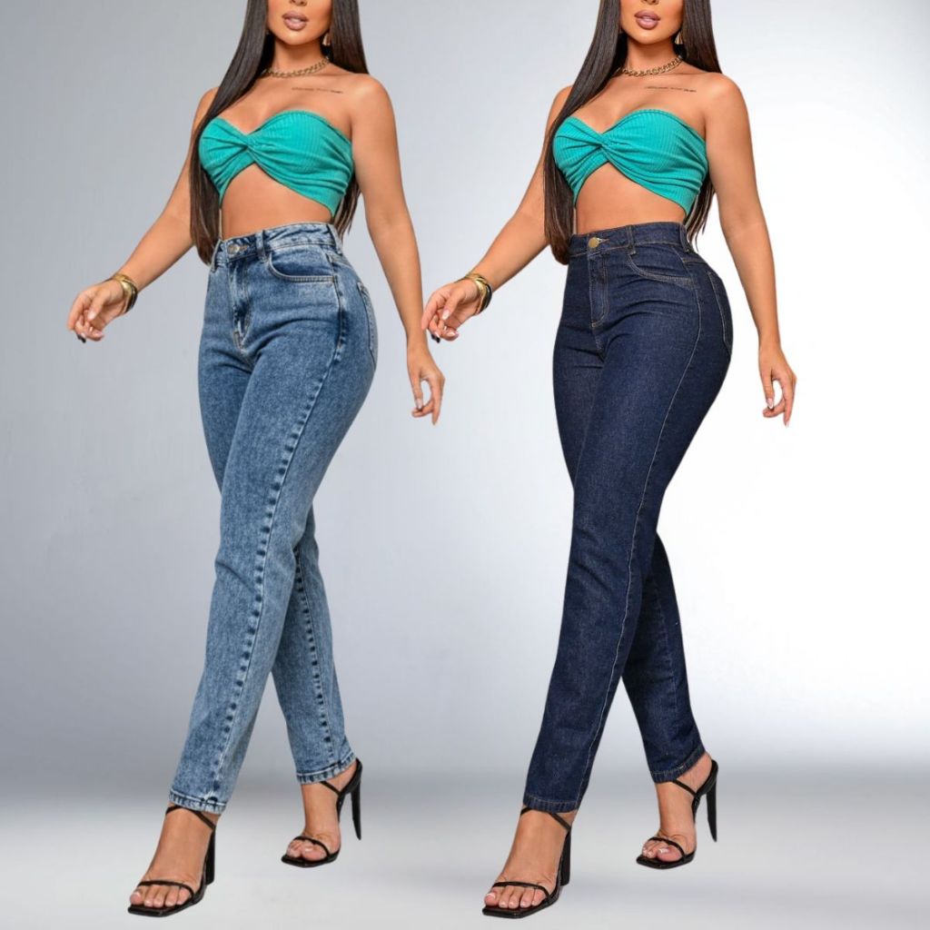 Kit 2 Calças Jeans Mom Feminino 100% Algodão Premium Cintura Alta Tendencia Marmorizada Escura Perna Reta