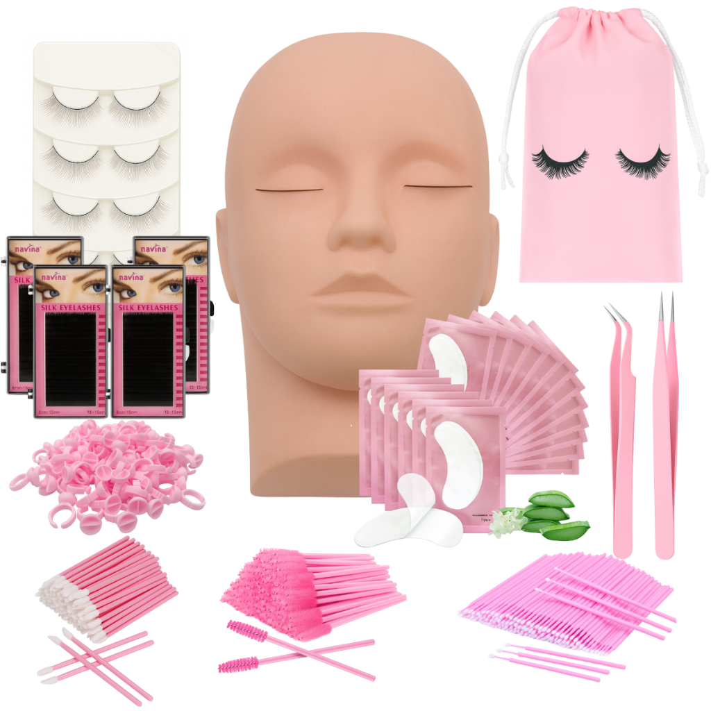 Kit De Extensão De Cílios Manjesen Completo Com Rosto Treino Pinças Pads Anel de Batoque Pads e Bag