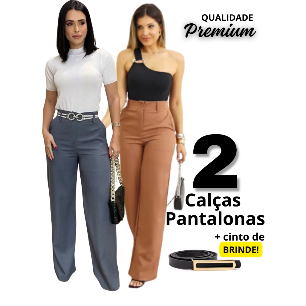 KIt 2 Calças Pantalonas com Bolso em Alfaiataria PREMIUM + 1 Cinto de Couro  Brindes! PROMOÇÃO